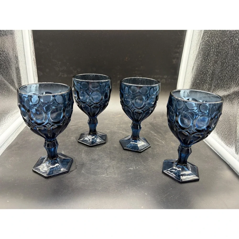Vintage Cobalt Blue Glass Goblets Thumbprint Kings‎ Crown Water Wine Set of 4